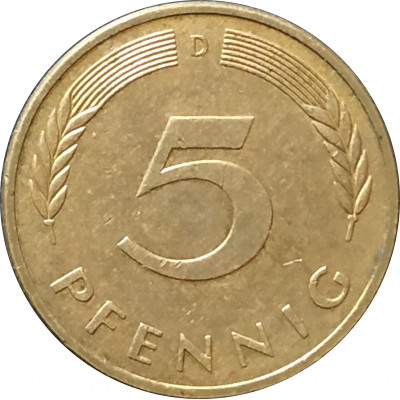 5 пфеннигов 1990 Германия D из оборота 5 пфеннигов 1990 Германия D из оборота