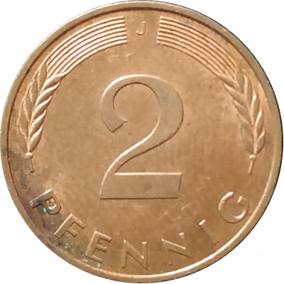 2 пфеннига 1995 Германия J из оборота 2 пфеннига 1995 Германия J из оборота